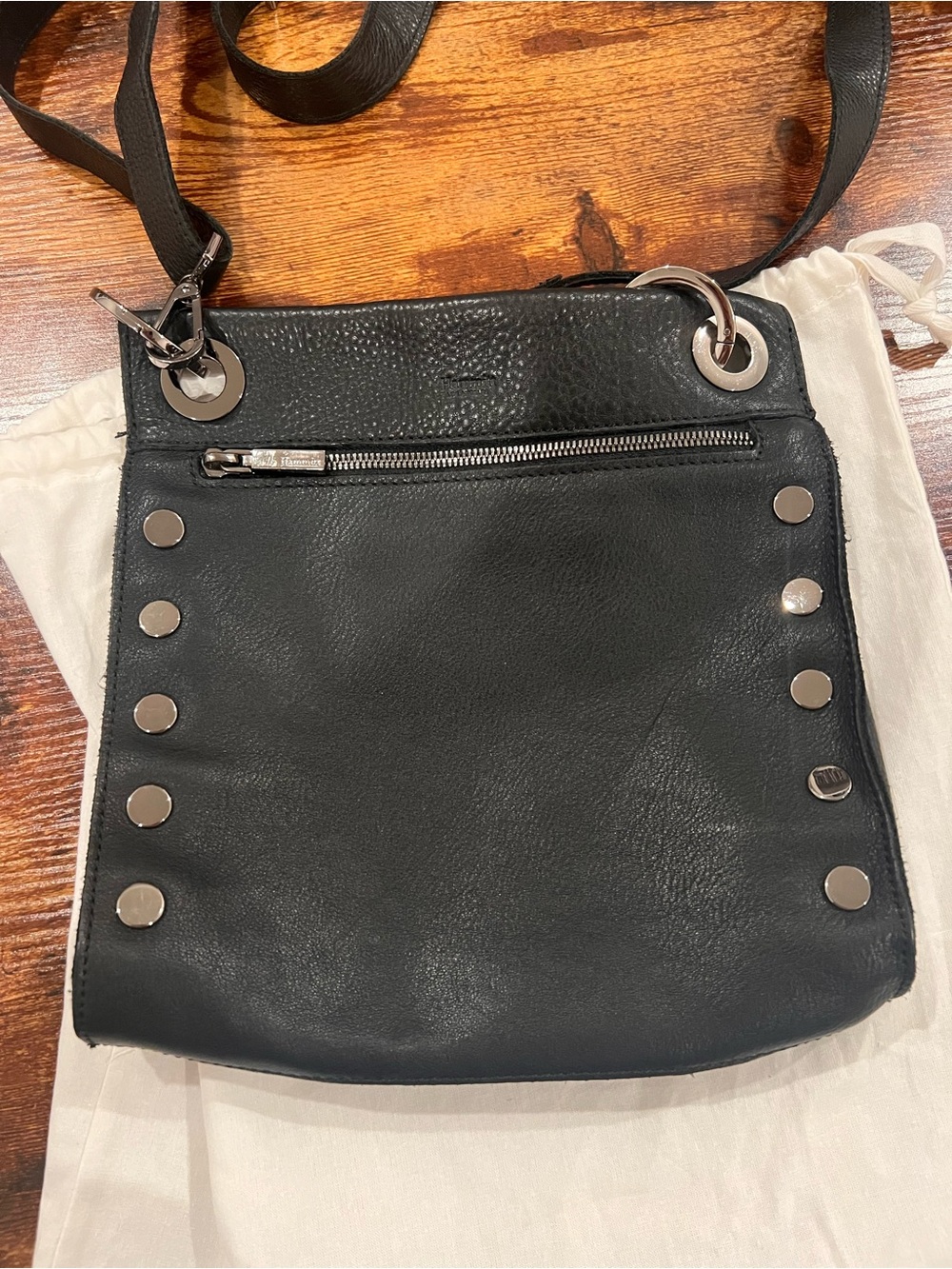 Hammitt Medium Tony Black Crossbody Bag with Silver Rivets and Hardware